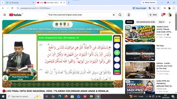 Abizar Ramadhan Tampil Memukau di Final MTQ Nasional XXXI, Civitas Akademika MTsN 5 Batang Hari Saksikan Bersama