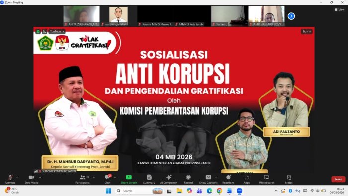 MTsN 5 Batang Hari Ikuti Sosialisasi Anti Korupsi dan Pengendalian Gratifikasi oleh KPK