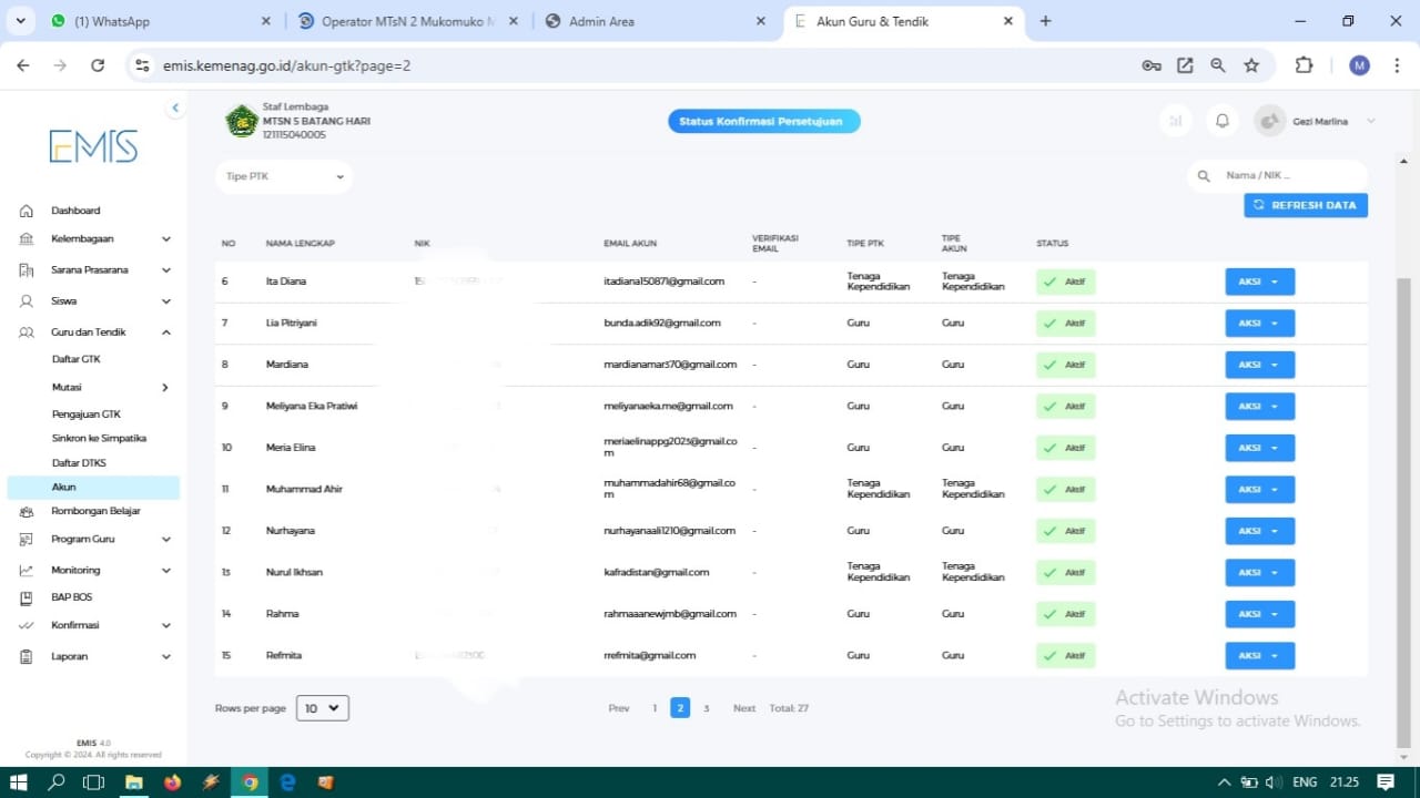UJI COBA INTEGRASI SIMPATIKA-EMIS, OPERATOR MTsN 5 BATANG HARI BUAT AKUN GURU DAN TENAGA KEPENDIDIKAN