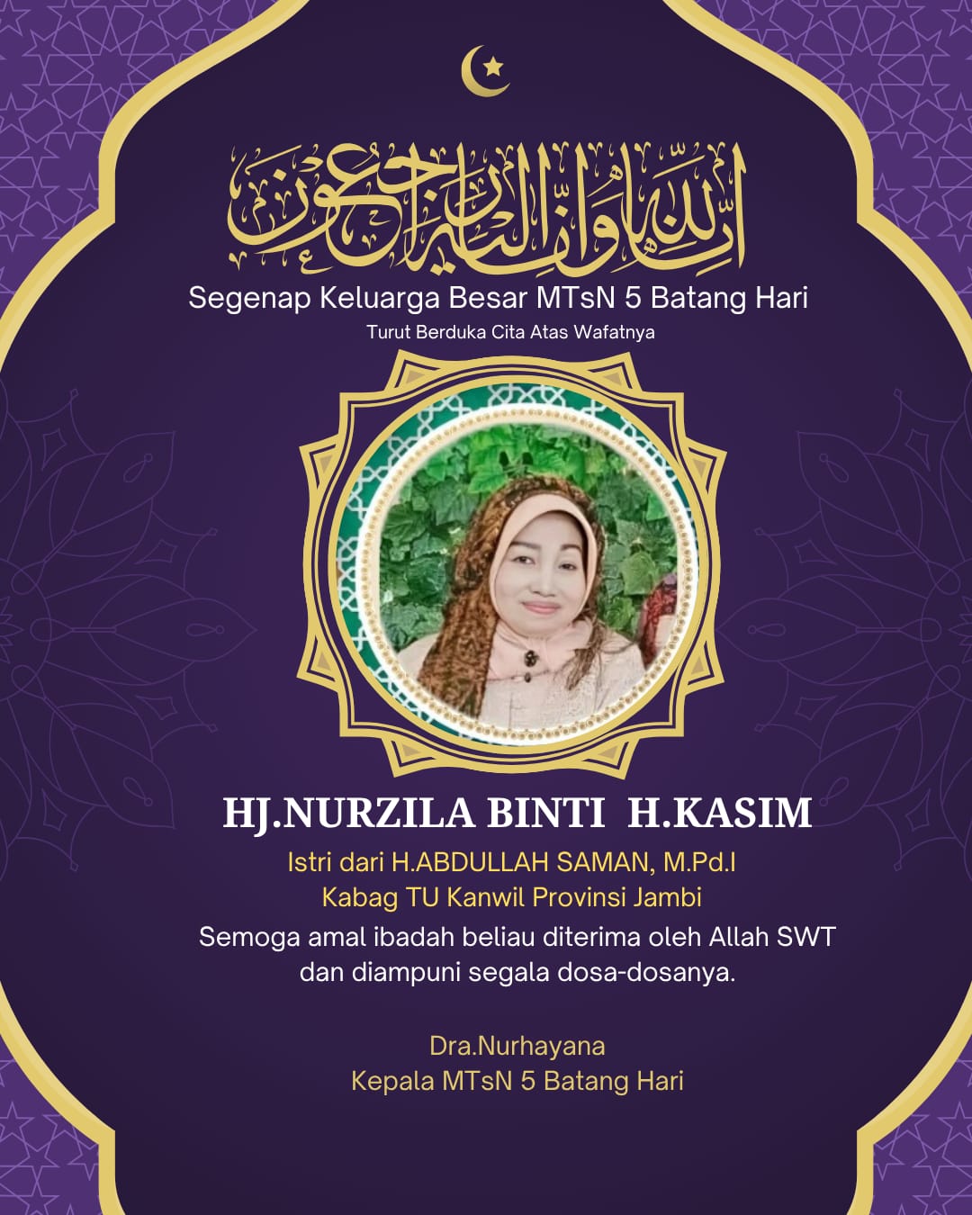 Keluarga Besar MTsN 5 Batang Hari Turut Berduka, Istri Kasubag TU Kanwil Kemenag Jambi Berpulang