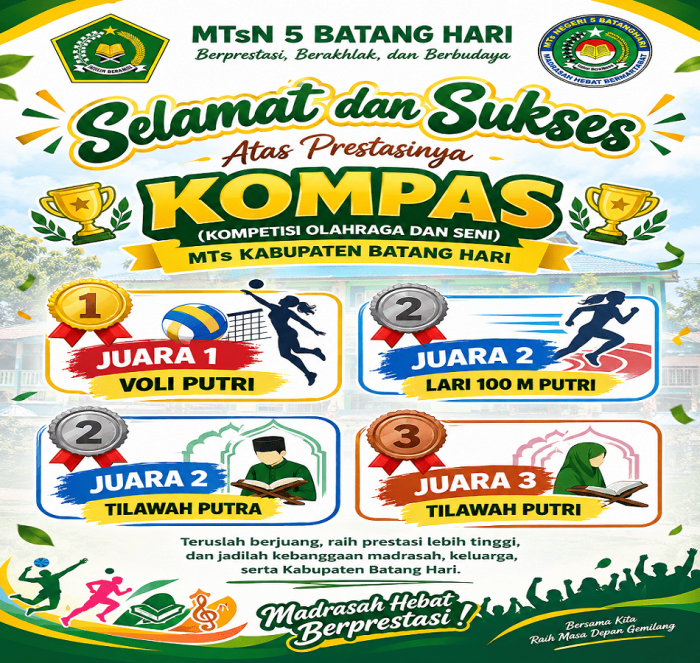 MTsN 5 Batang Hari Apresiasi Prestasi Siswa pada Ajang KOMPAS MTs Kabupaten Batang Hari