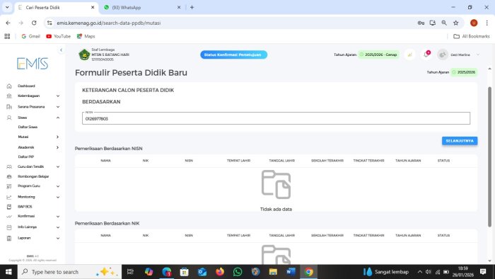 Operator EMIS MTsN 5 Batang Hari Lakukan Input Data Siswa Pindahan dan Jadwal Mengajar Guru Semester Genap 2025/2026 Operator EMIS MTsN 5 Batang Hari Lakukan Input Data Siswa Pindahan dan Jadwal Mengajar Guru Semester Genap 2025/2026