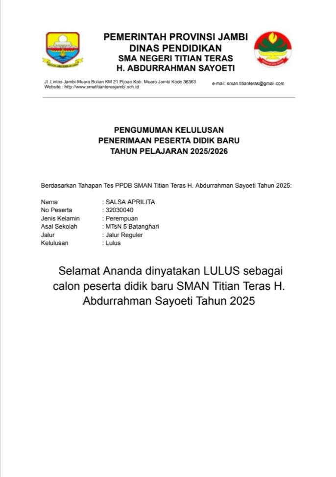 SATU SISWI MTSN 5 BATANG HARI LULUS SELEKSI PPDB SMAN TITIAN TERAS H. ABDURAHMAN SAYOETI PROVINSI JAMBI TAHUAN AJARAN 2025/2026 SATU SISWI MTSN 5 BATANG HARI LULUS SELEKSI PPDB SMAN TITIAN TERAS H. ABDURAHMAN SAYOETI PROVINSI JAMBI TAHUAN AJARAN 2025/2026